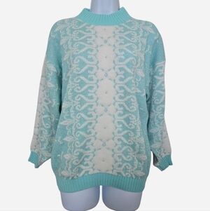 Vintage 90s Rose Pastel Grandma Knit Embroidered Sweater Mint Size Large